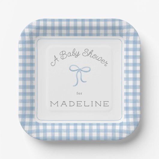 Waterverf Gingham lichtblauw Baby shower Papieren Bordje (Voorkant)