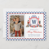 Waterverf Gingham Notenkraker Muis Monogram Wapen Feestdagenkaart (Voorkant)