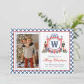 Waterverf Gingham Notenkraker Muis Monogram Wapen Feestdagenkaart (Staand voorkant)