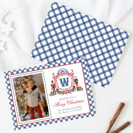 Waterverf Gingham Notenkraker Muis Monogram Wapen Feestdagenkaart