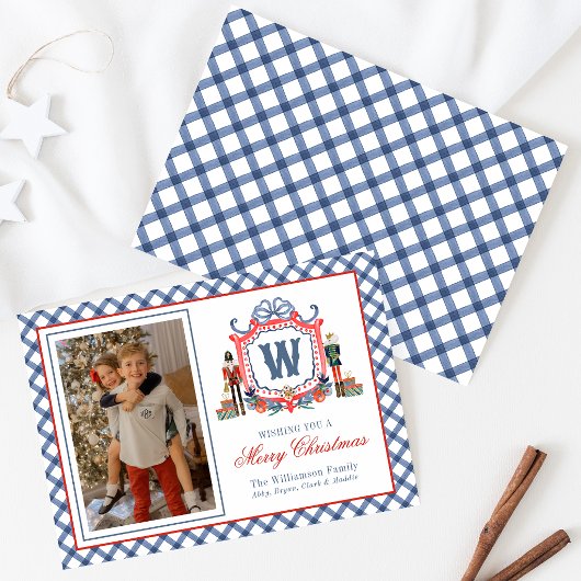 Waterverf Gingham Notenkraker Muis Monogram Wapen Feestdagenkaart