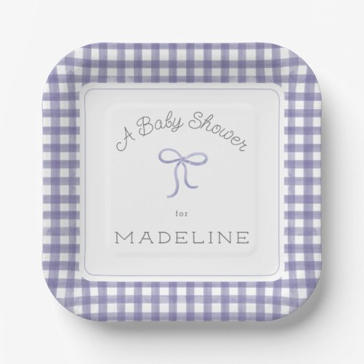 Waterverf Gingham Paarse Baby shower Papieren Bordje (Voorkant)