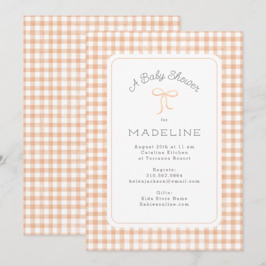 Waterverf Gingham Peach Baby shower Kaart (Voorkant / Achterkant)