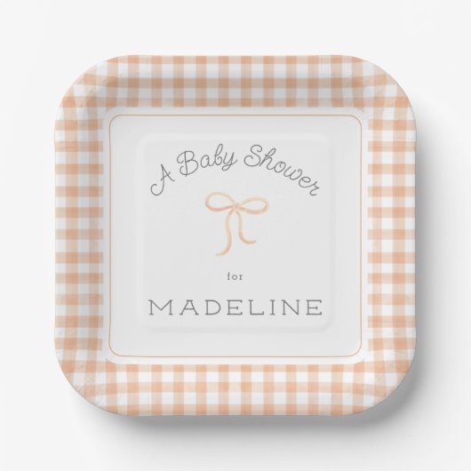 Waterverf Gingham Peach Baby shower Papieren Bordje (Voorkant)