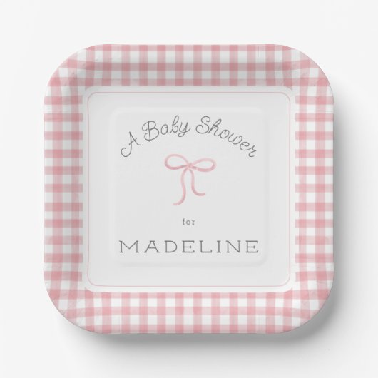 Waterverf Gingham Pink Baby shower Papieren Bordje (Voorkant)