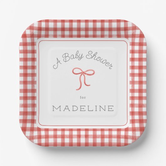 Waterverf Gingham Red Baby shower Papieren Bordje (Voorkant)