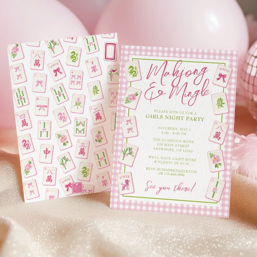 Waterverf Gingham Roze Strik Mahjong Feest Kaart