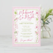 Waterverf Gingham Roze Strik Mahjong Feest Kaart (Staand voorkant)