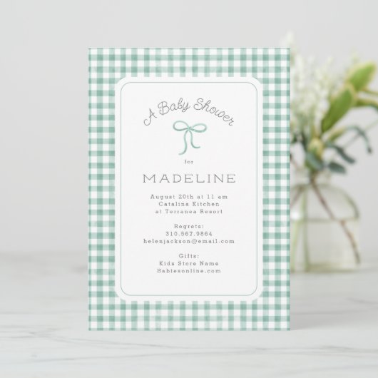 Waterverf Gingham Sage Green Baby shower Kaart (Staand voorkant)