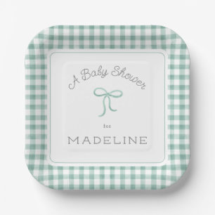 Waterverf Gingham Sage Green Baby shower Papieren Bordje