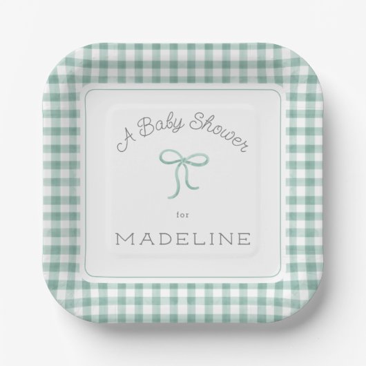 Waterverf Gingham Sage Green Baby shower Papieren Bordje (Voorkant)