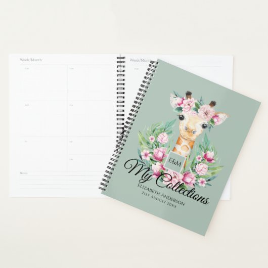 Waterverf GIRAFFE Boho roze bloemen meisjes genaam Planner (Display)