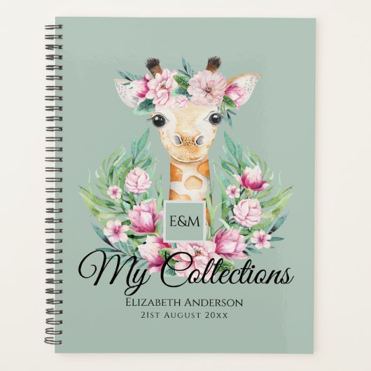 Waterverf GIRAFFE Boho roze bloemen meisjes genaam Planner (Voorkant)