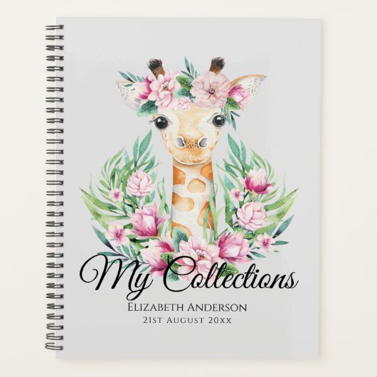Waterverf GIRAFFE Boho roze bloemen meisjes genaam Planner (Voorkant)