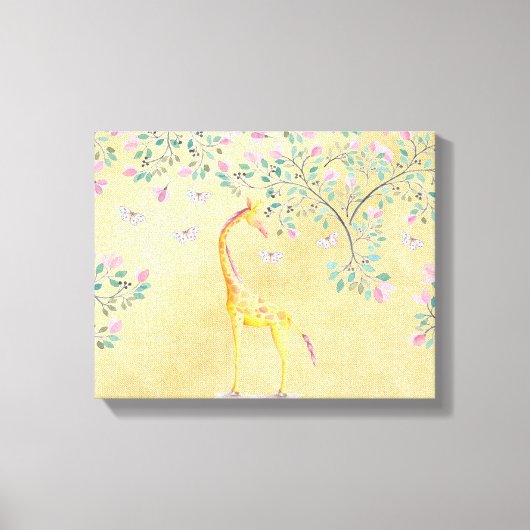 Waterverf Giraffe Butterflies en Blossom Canvas Afdruk (Voorkant)