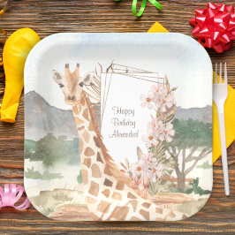 Waterverf Giraffe in de Afrikaanse Savannah Birthd Papieren Bordje