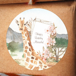 Waterverf Giraffe in de Afrikaanse Savannah Birthd Ronde Sticker