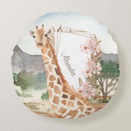 Waterverf Giraffe in de Kinder Afrikaanse Savannah Rond Kussen (Voorkant)