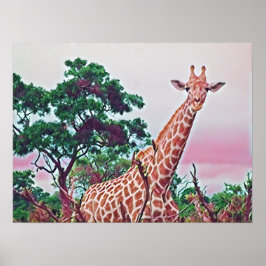 Waterverf Giraffe in Reds Oranje en Groen Poster