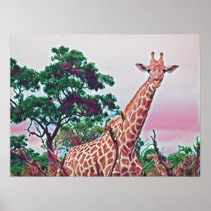 Waterverf Giraffe in Reds Oranje en Groen Poster