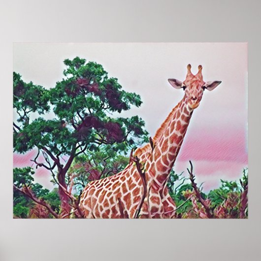 Waterverf Giraffe in Reds Oranje en Groen Poster (Voorkant)