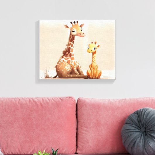 Waterverf Giraffe met Baby Canvas Afdruk (Insitu (Woonkamer))