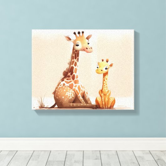 Waterverf Giraffe met Baby Canvas Afdruk (Insitu (Houten vloer))
