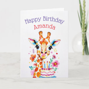 Waterverf Giraffe met bloemen en taart verjaardag Kaart
