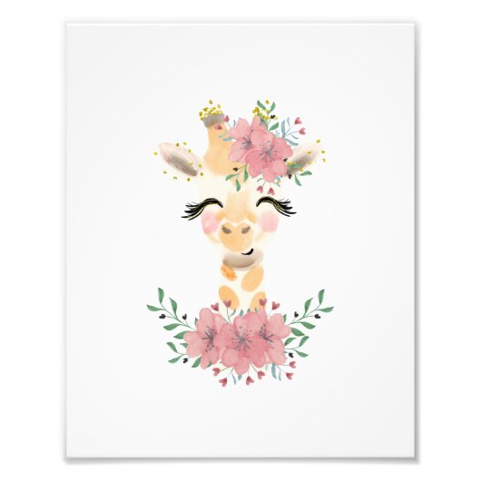 Waterverf Giraffe met Bloemen Foto Print Afdruk (Voorkant)