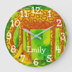 Waterverf Giraffe met Naam en Patroon Grote Klok