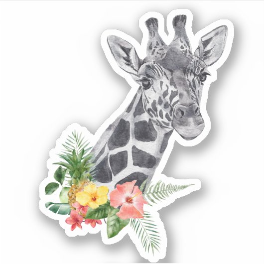 Waterverf Giraffe met Tropical Bouquet Sticker (Voorkant)