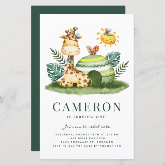 Waterverf Giraffe Safari Verjaardagsuitnodiging (Voorkant / Achterkant)