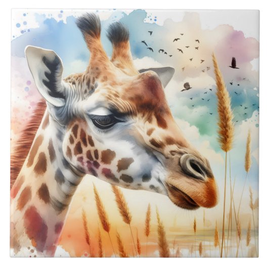 Waterverf Giraffe Tegels Ontwerp Tegeltje (Voorkant)