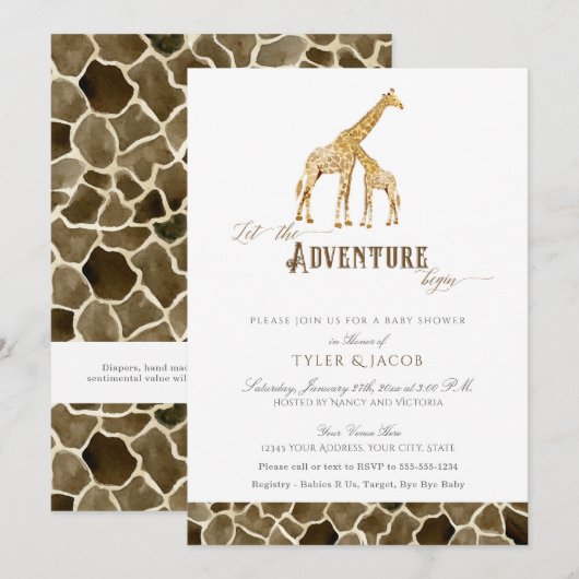Waterverf Giraffes Safari Adventure Baby shower Kaart (Voorkant / Achterkant)