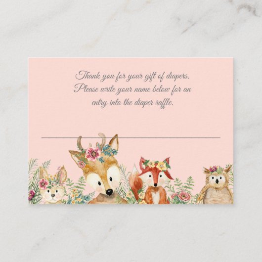 Waterverf Girl Boho Deer Fox Bunny Diaper Raffle Informatiekaartje (Achterkant)