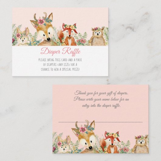 Waterverf Girl Boho Deer Fox Bunny Diaper Raffle Informatiekaartje (Voorkant / Achterkant)