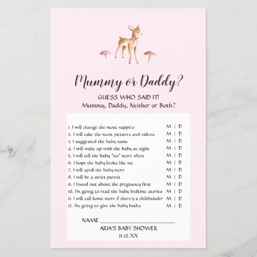 Waterverf Girl Deer Mushrooms Mummy or Dad Game Flyer (Voorkant)