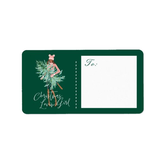 Waterverf Girl Holding Evergreen kerstboom Etiket (Voorkant)