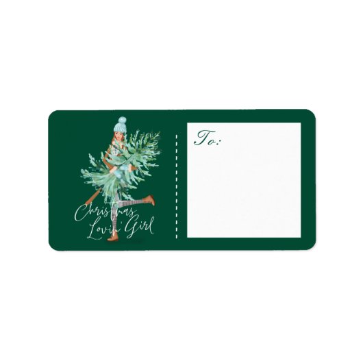 Waterverf Girl Holding Evergreen kerstboom Etiket (Voorkant)