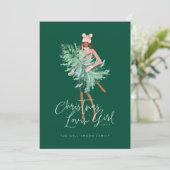 Waterverf Girl Holding Evergreen kerstboom Feestdagenkaart (Staand voorkant)