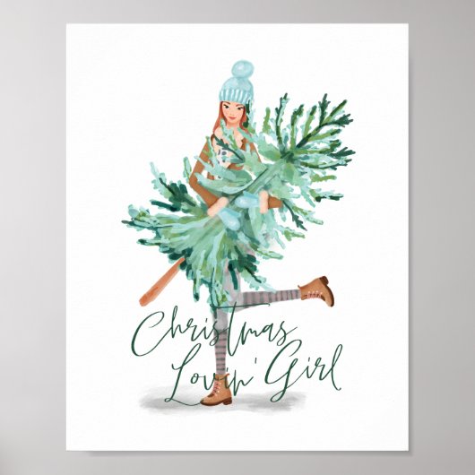 Waterverf Girl Holding Evergreen kerstboom Poster (Voorkant)