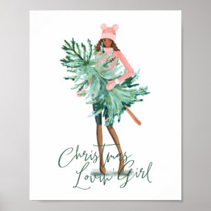 Waterverf Girl Holding Evergreen kerstboom Poster