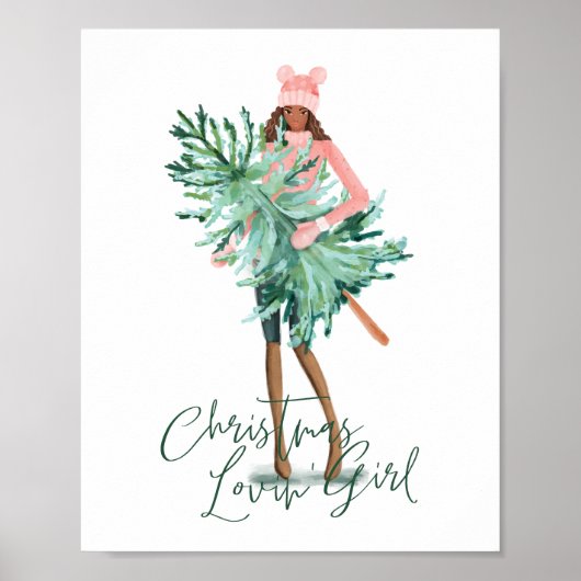 Waterverf Girl Holding Evergreen kerstboom Poster (Voorkant)