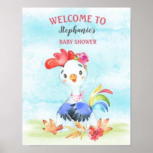 Waterverf Girl Rooster Baby shower Boerderij Poster (Voorkant)