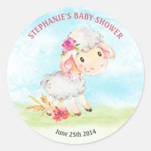 Waterverf Girl Sheep Baby shower Boerderij Ronde Sticker