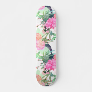 Waterverf Girly Pink & White Flowers Persoonlijk Skateboard