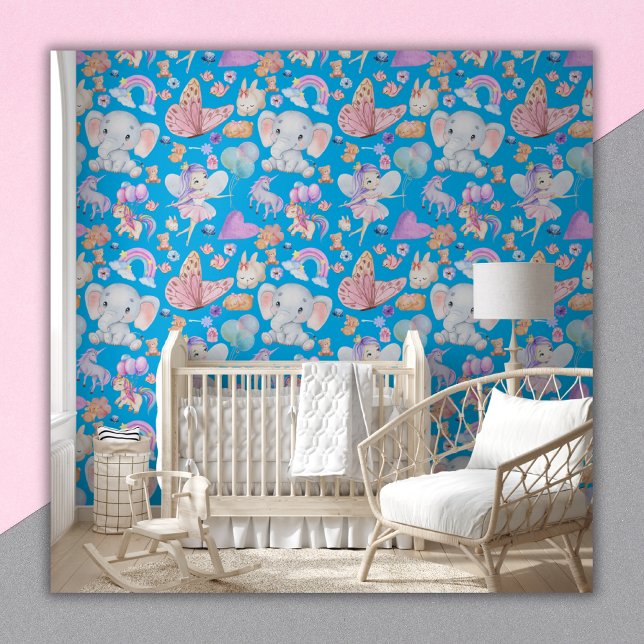 Waterverf Girly Whimsical op blauw | Behang (Creator heeft geüpload)