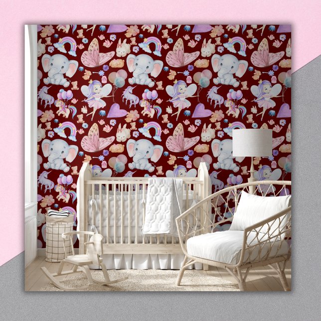 Waterverf Girly Whimsical op Maroon | Behang (Creator heeft geüpload)