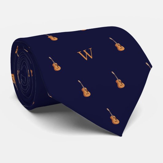 Waterverf Gitaar Monogram Initiaal Midnight Blue Stropdas (Opgerold)