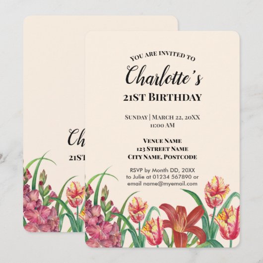 Waterverf Gladioli Tulips Lily Birthday Party Kaart (Voorkant / Achterkant)